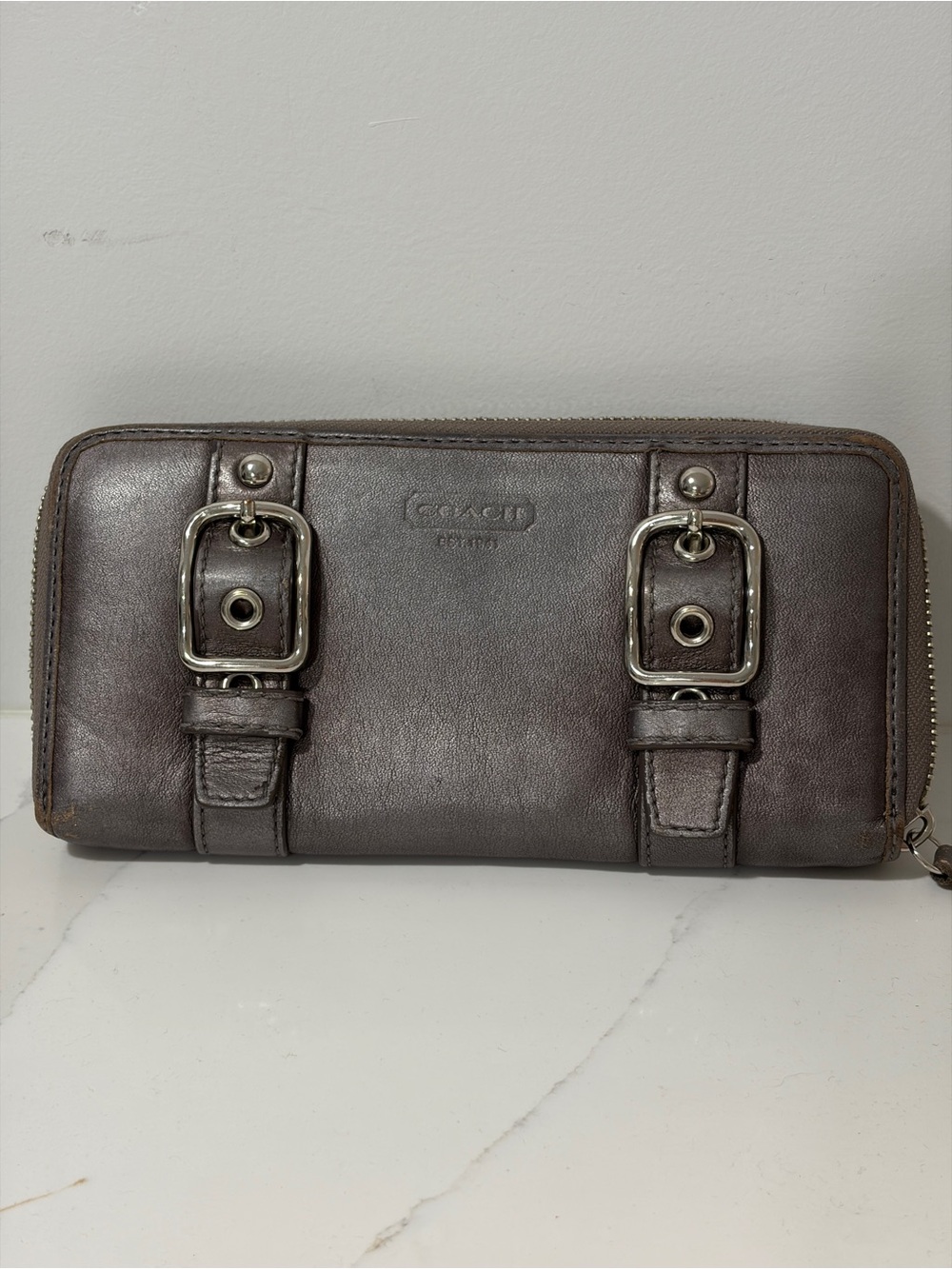 Coach Brown Leather Zip Wallet with Buckle Accents